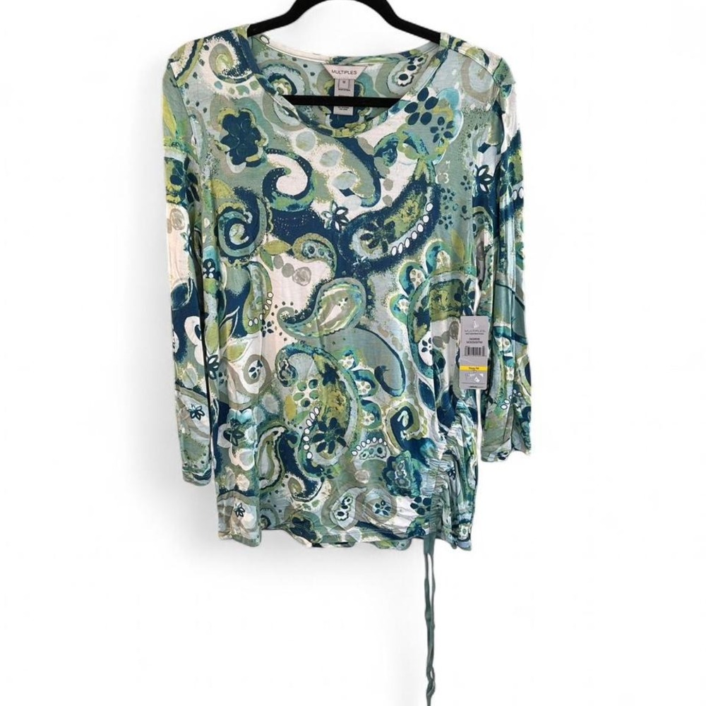 Multiples multicolor paisley print top blouse drawstring front tie waist size M